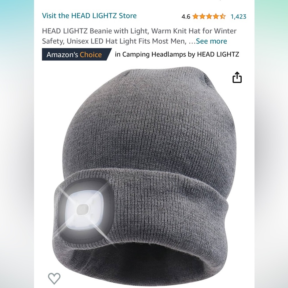 HEAD LIGHTZ Beanie with Light, Warm Knit Hat for Winter Safety, Unisex LED Hat.